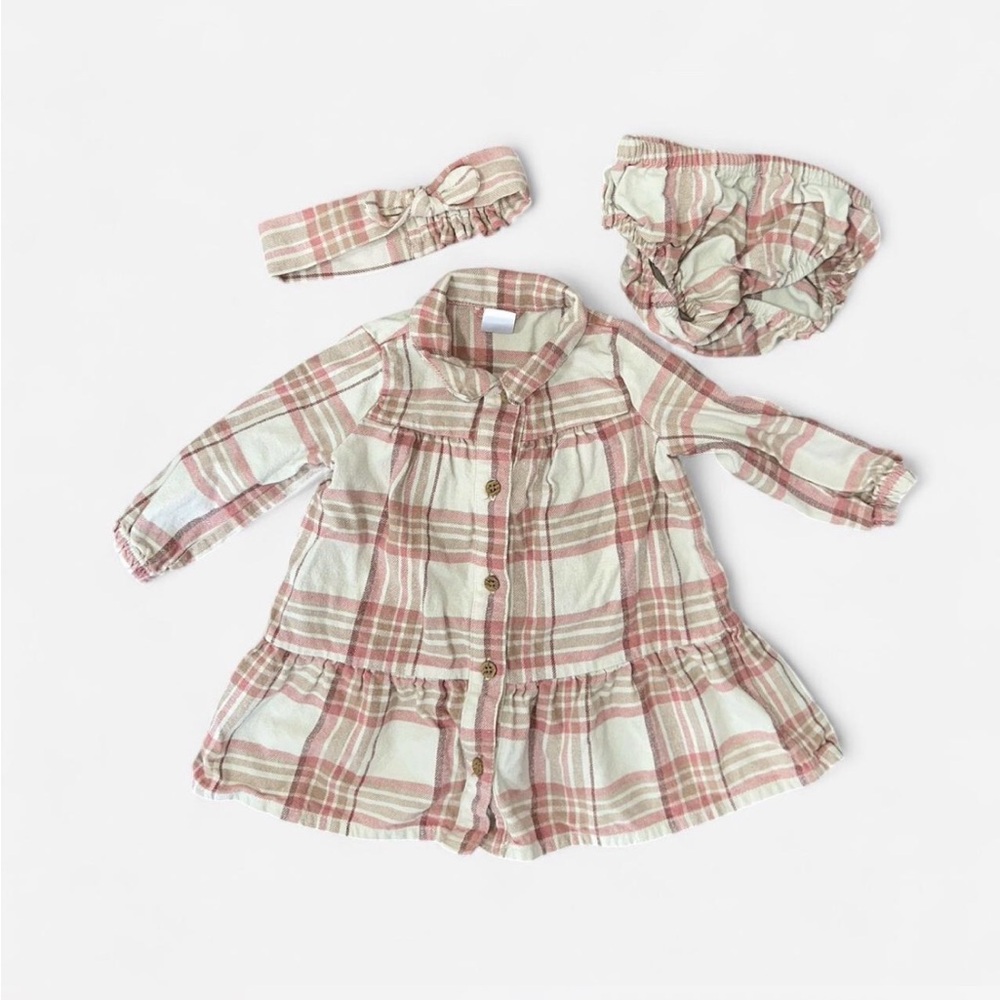 Carter's Cream and Pink Plaid Button-Front Dress with Headband & Bloomers